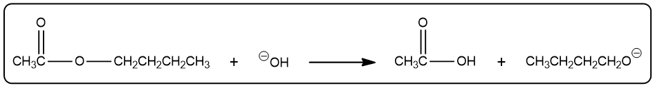 Balanced equation for saponification of ethyl butyrate with products shown.