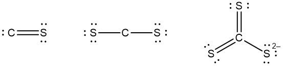 Lewis structures for CS, CS2, and CS32- showing carbon-sulfur bonds.
