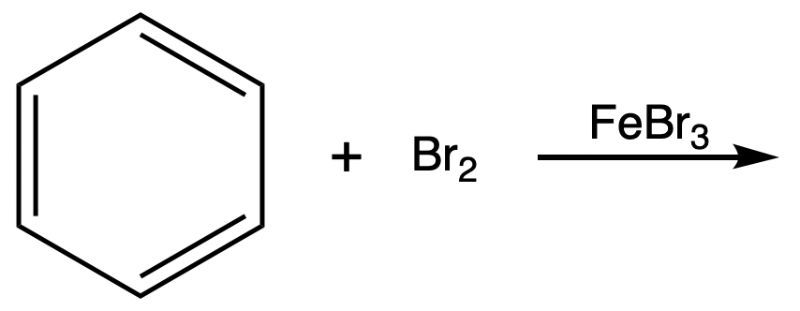Benzene reacts with Br2 and FeBr3 in a substitution reaction.