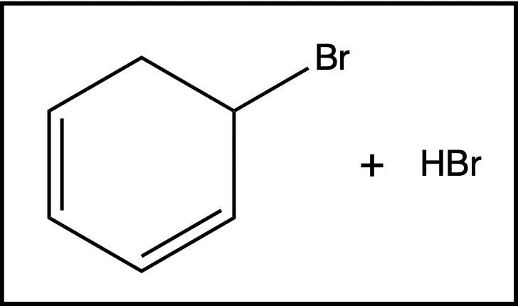 Benzene with a Br substituent reacts with HBr in a substitution reaction.