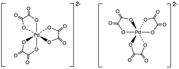 Two enantiomer structures of [Pd(C2O4)3]2- with distinct configurations.