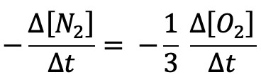 Rate equation showing the relationship between N2 and O2 consumption rates in a chemical reaction.