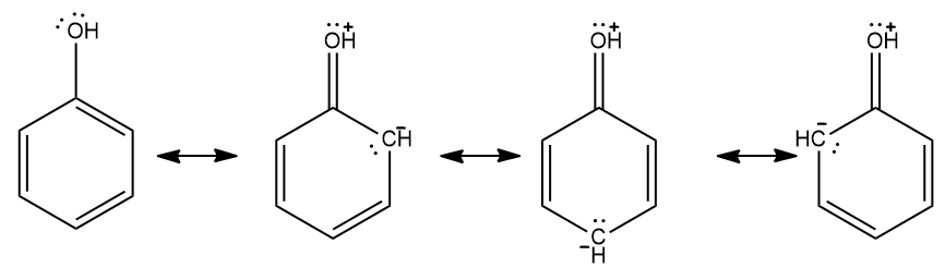 Resonance structures of C6H5OH showing electron distribution and bond arrangements.