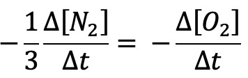 Alternate rate equation illustrating the consumption rates of N2 and O2 in a chemical reaction.