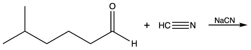 Chemical reaction showing aldehyde and cyanide reactants for synthesis.