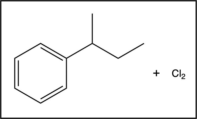Benzene reacts with a chlorine molecule in a substitution reaction.