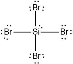 Lewis Dot Structure of silicon tetrabromide (SiBr4) showing bonds and lone pairs.