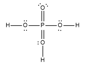 Lewis Dot Structure of phosphoric acid H3PO4 showing bonds and lone pairs.