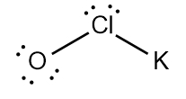 Lewis Dot Structure for potassium hypochlorite, KClO, showing K bonded to Cl and O.