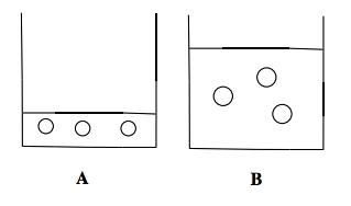 Illustration comparing gas particles in two containers, showing expansion in container B.