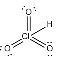 Lewis Dot Structure of chloric acid (HClO3) showing bonds and lone pairs.