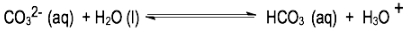 Chemical equation showing carbonate reacting with water to form bicarbonate and hydronium.