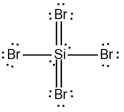 Lewis Dot Structure of silicon tetrabromide (SiBr4) with double bonds indicated.