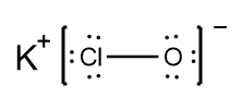 Lewis Dot Structure for potassium hypochlorite, KClO, showing ion charges.