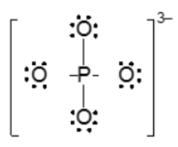 Lewis structure of phosphate ion, PO4^3-, showing a central phosphorus atom with four oxygen atoms.