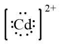 Lewis Dot symbol for Cadmium ion, Cd with two positive charges and six surrounding dots.