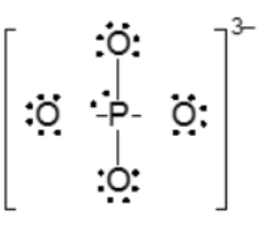 Lewis structure of phosphate ion, PO4^3-, with a central phosphorus atom and four oxygen atoms.