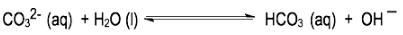 Chemical equation showing carbonate reacting with water to form bicarbonate and hydroxide.