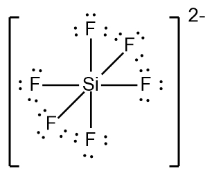 Lewis Dot Structure for SiF6^2- with emphasis on expanded octet around silicon.