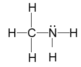 Structural formula of methylamine, CH3NH2, showing nitrogen atom's electron geometry.