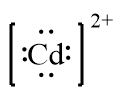 Lewis Dot symbol for Cadmium ion, Cd with two positive charges indicated.