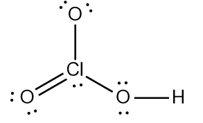 Another representation of the Lewis Dot Structure for chloric acid (HClO3).