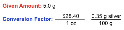 Given amount 5.0 g with conversion factor for silver in ounces.