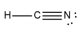 Another representation of the Lewis Dot Structure for hydrocyanic acid (HCN) with bonds and lone pairs.