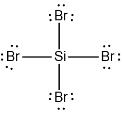 Lewis Dot Structure of silicon tetrabromide (SiBr4) showing bonds and lone pairs.