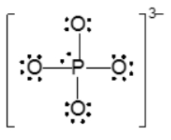 Lewis structure of phosphate ion, PO4^3-, showing a phosphorus atom with single and double bonds to oxygen atoms.