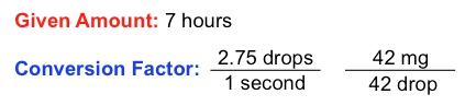 Given amount: 7 hours; Conversion factor: 2.75 drops per second, 42 mg per drop.
