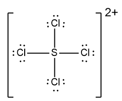 Lewis Dot Structure for SCl4 with a 2+ charge.