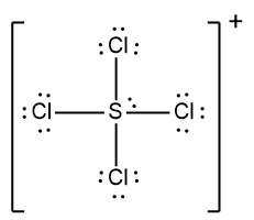 Lewis Dot Structure for SCl4 with a + charge.