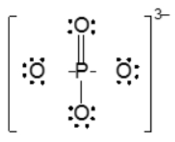 Lewis structure of phosphate ion, PO4^3-, depicting a phosphorus atom bonded to four oxygen atoms.