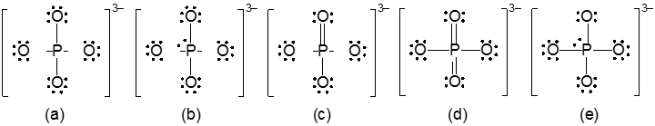 Five Lewis structures of phosphate ion, PO4^3-, for resonance structure analysis.