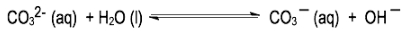 Chemical equation showing carbonate reacting with water to form carbonate and hydroxide.