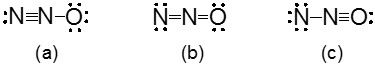 Three resonance structures for the N2O molecule labeled a, b, and c.