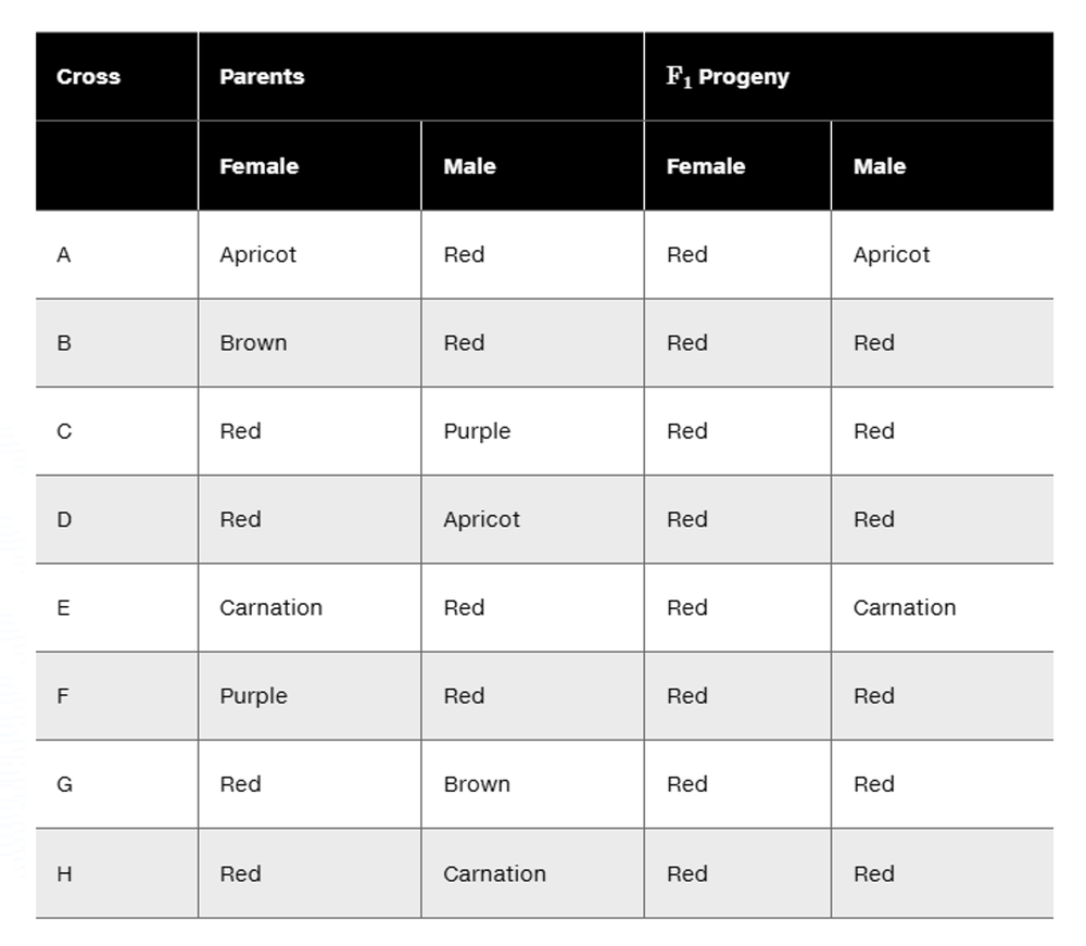 Table displaying crosses of Drosophila eye color mutants and their F₁ progeny results.