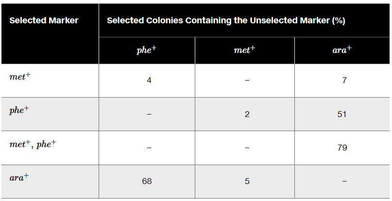 Table displaying cotransduction frequencies of selected and unselected markers in a transduction experiment with E. coli strains.