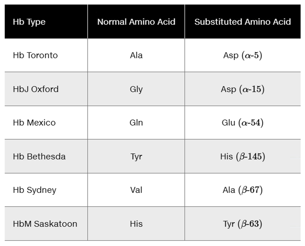Table listing human hemoglobin variants with normal and substituted amino acids in α and β chains at specific positions.