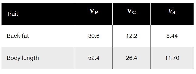 Table showing variances for back fat and body length traits with values for VP, VG, and VA in a hog herd.