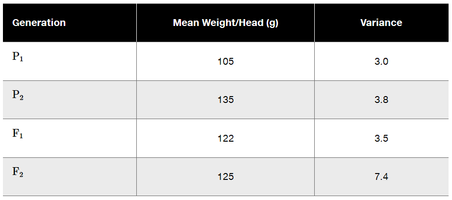Table displaying mean seed weight and variance for two sunflower inbred lines across generations.