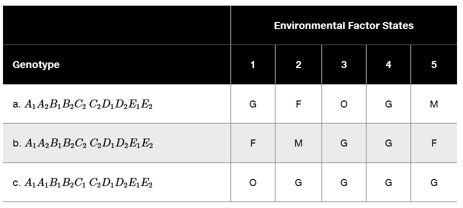 Table displaying genotypes and their corresponding environmental factor states affecting plant height potential.