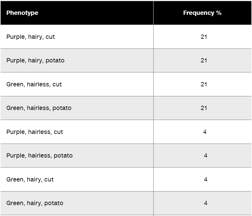 Table displaying phenotypes of tomato plant progeny and their frequency percentages.
