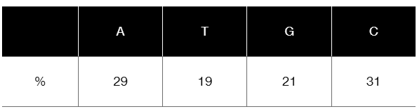Table showing nucleotide percentages: A 29%, T 19%, G 21%, C 31%, highlighting base composition discrepancies.