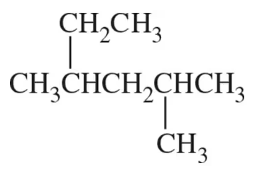 Structural formula of an organic compound with labeled carbon chains and substituents for naming practice.