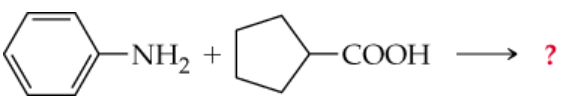 Chemical reaction diagram showing an amine and a carboxylic acid reacting to form an amide, with a question mark indicating the product.