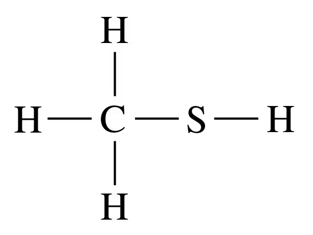 Structural formula of a carbon atom bonded to four hydrogen atoms and one sulfur atom.