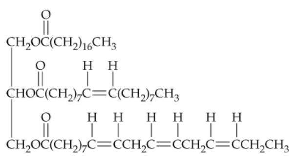 Chemical structure of triacylglycerol showing hydrogenation with bonds and functional groups labeled.