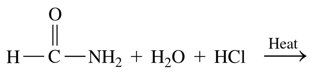 Condensed structural formula showing amide hydrolysis with reactants and products, including heat and water.